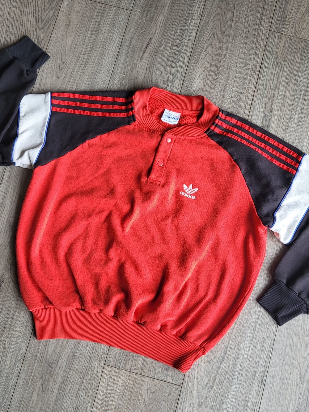 Vtg 80s Adidas Trefoil Sweatshirt Quarter Snap Boxy Pullover Red Black Men M/L